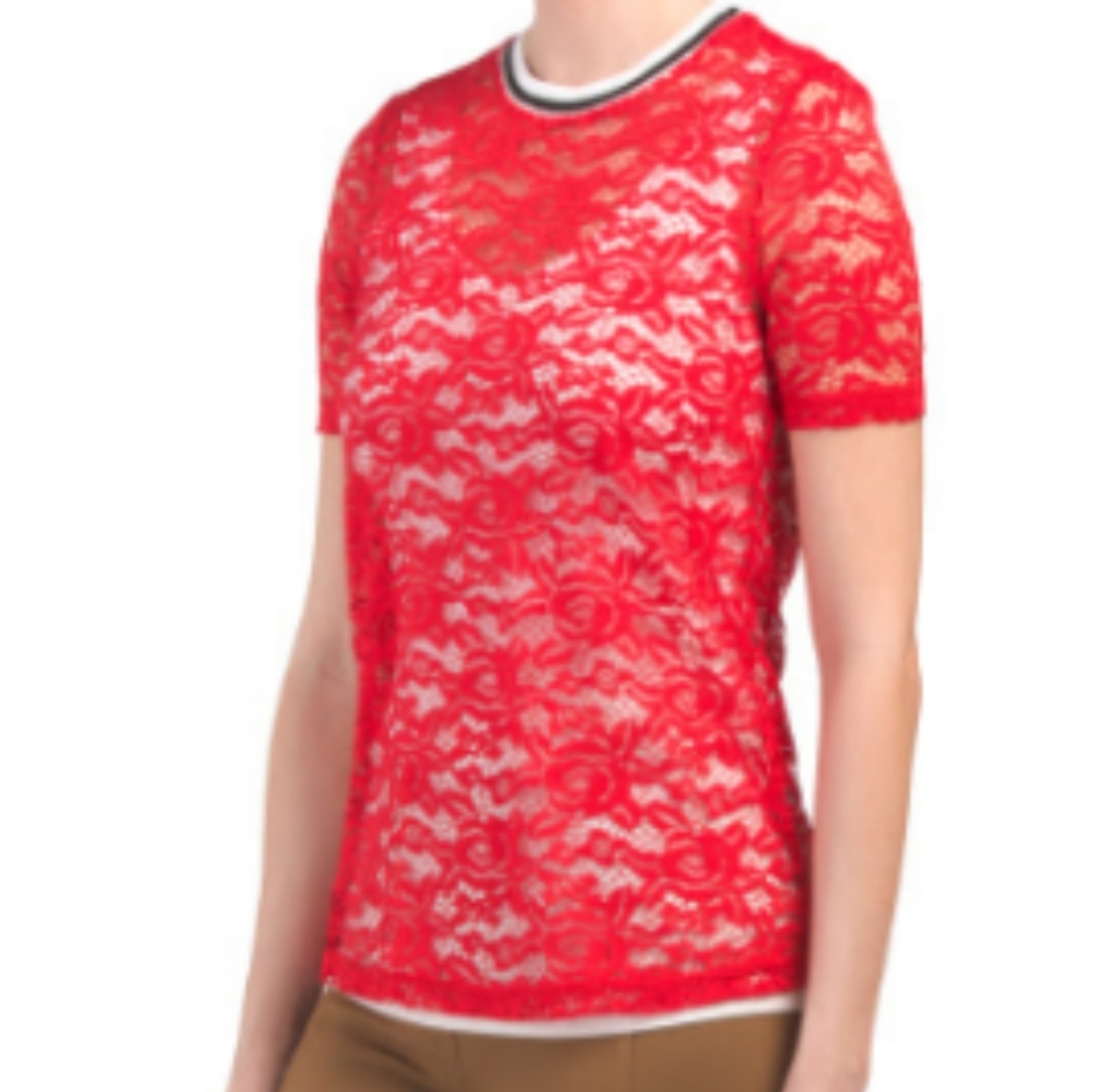 NWT Red Lace Blouse w/Striped Black & White Collar